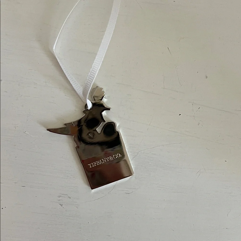 Tiffany & Co. Silver Bird Perched on Gift Ornament with White Ribbon